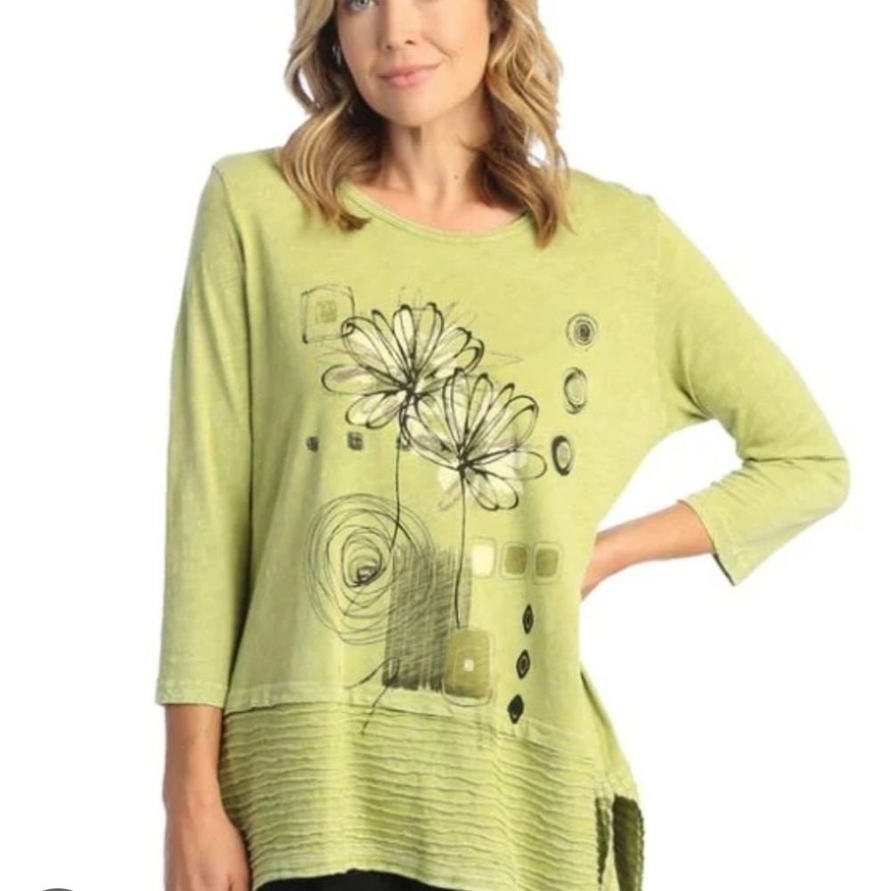 Jess & Janw Floral Abstract Green Women's Top Size S Mineral Wash Lagen Pockets